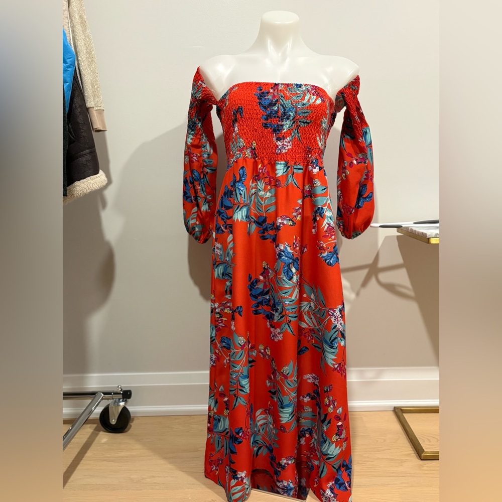 Tristan Red and Blue Floral off of the Shoulder to Mid Arm Sleeve Dress